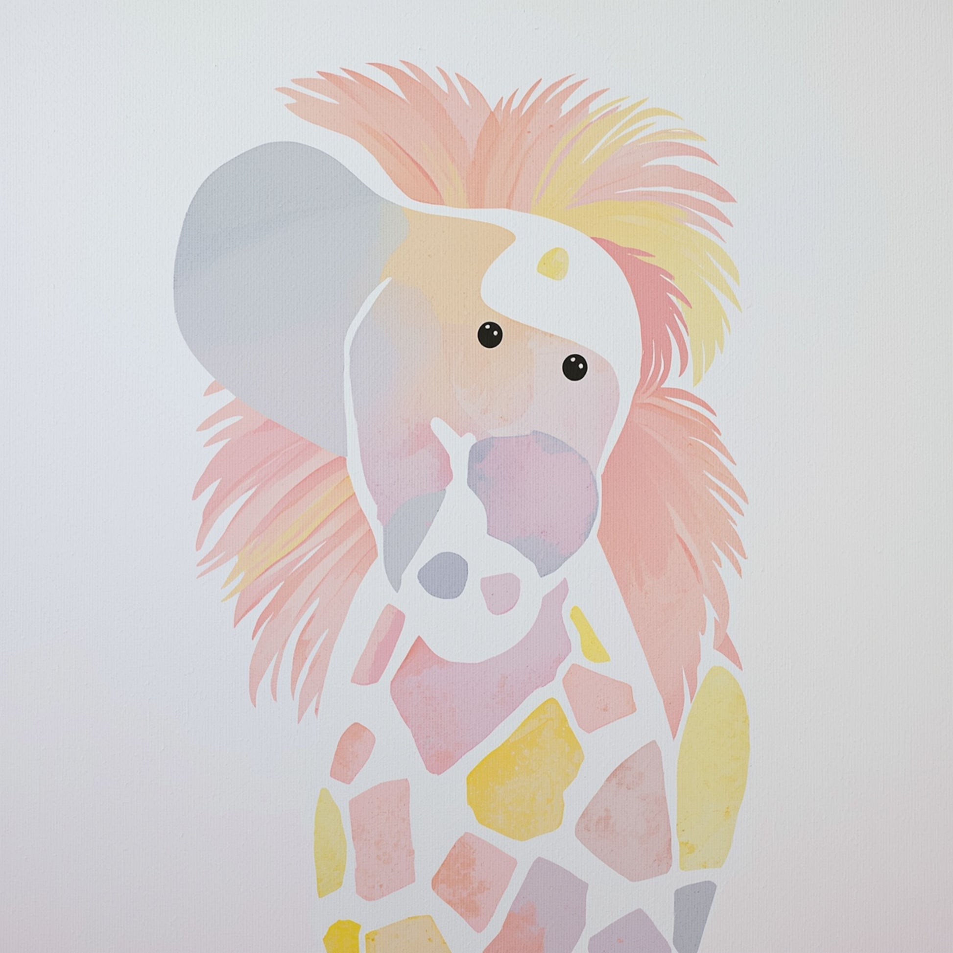 Vrolijk abstract hond canvas schilderij met roze, geel en grijs pastel kleurvlakken op witte achtergrond — kinderkamer wanddecoratie
