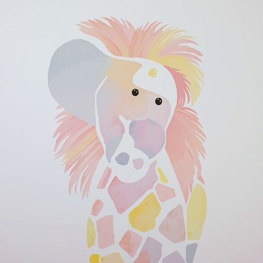 Vrolijk abstract hond canvas schilderij met roze, geel en grijs pastel kleurvlakken op witte achtergrond — kinderkamer wanddecoratie

