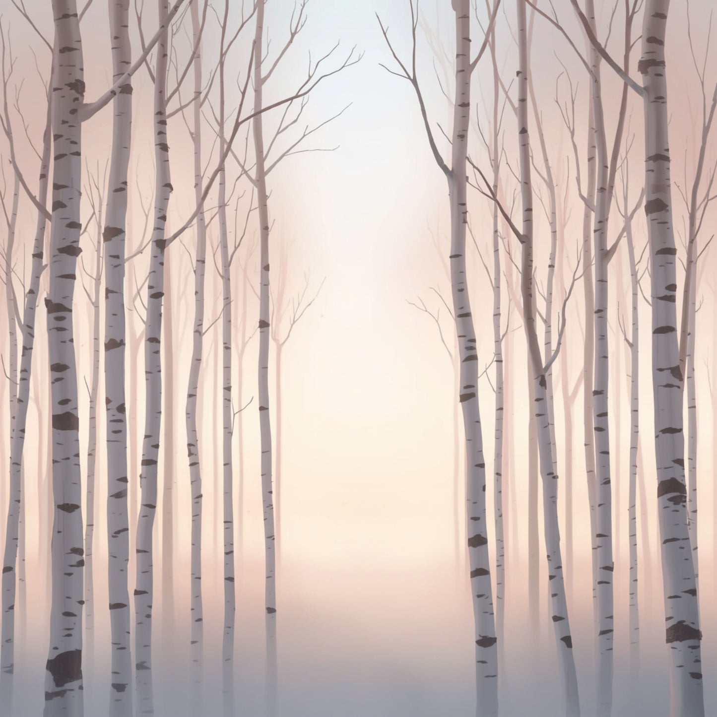 Winterberkenbos canvas schilderij met slanke witte berkenstammen en kale takken in zachte roze en paarse schemering — kinderkamer wanddecoratie
