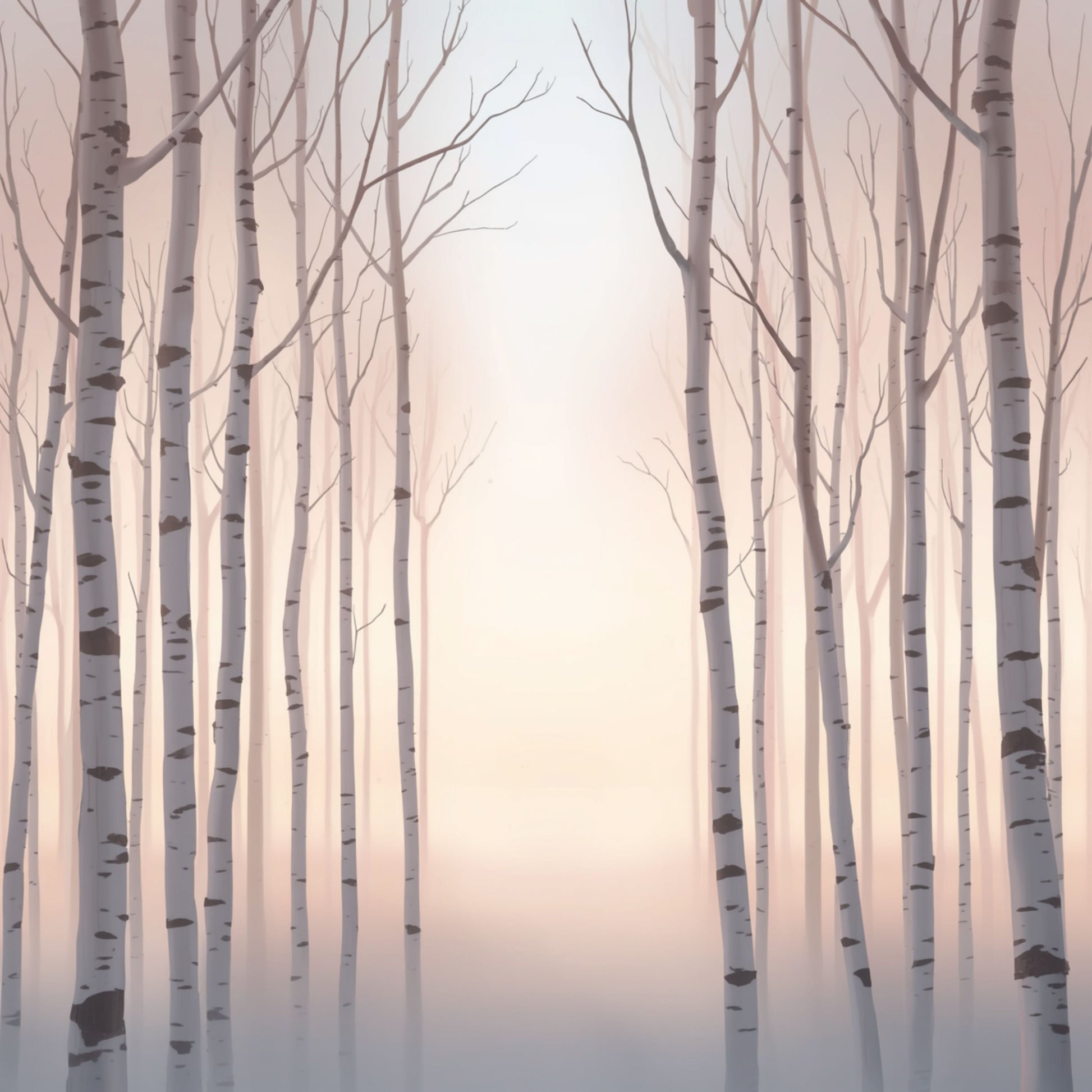 Winterberkenbos canvas schilderij met slanke witte berkenstammen en kale takken in zachte roze en paarse schemering — kinderkamer wanddecoratie
