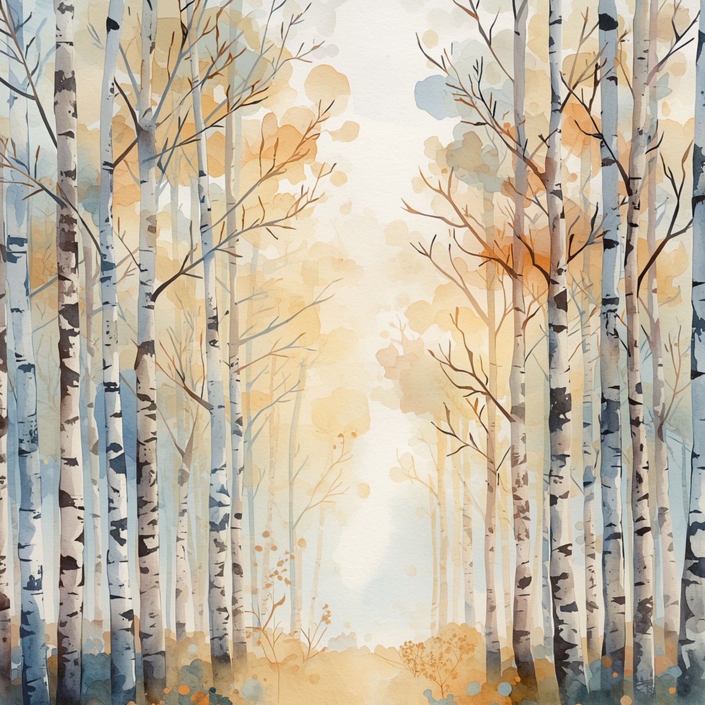 Aquarel berkenbos canvas schilderij met slanke witte berkenstammen in warme gouden en oranje herfst tinten met zacht doorschemerend licht — kinderkamer wanddecoratie
