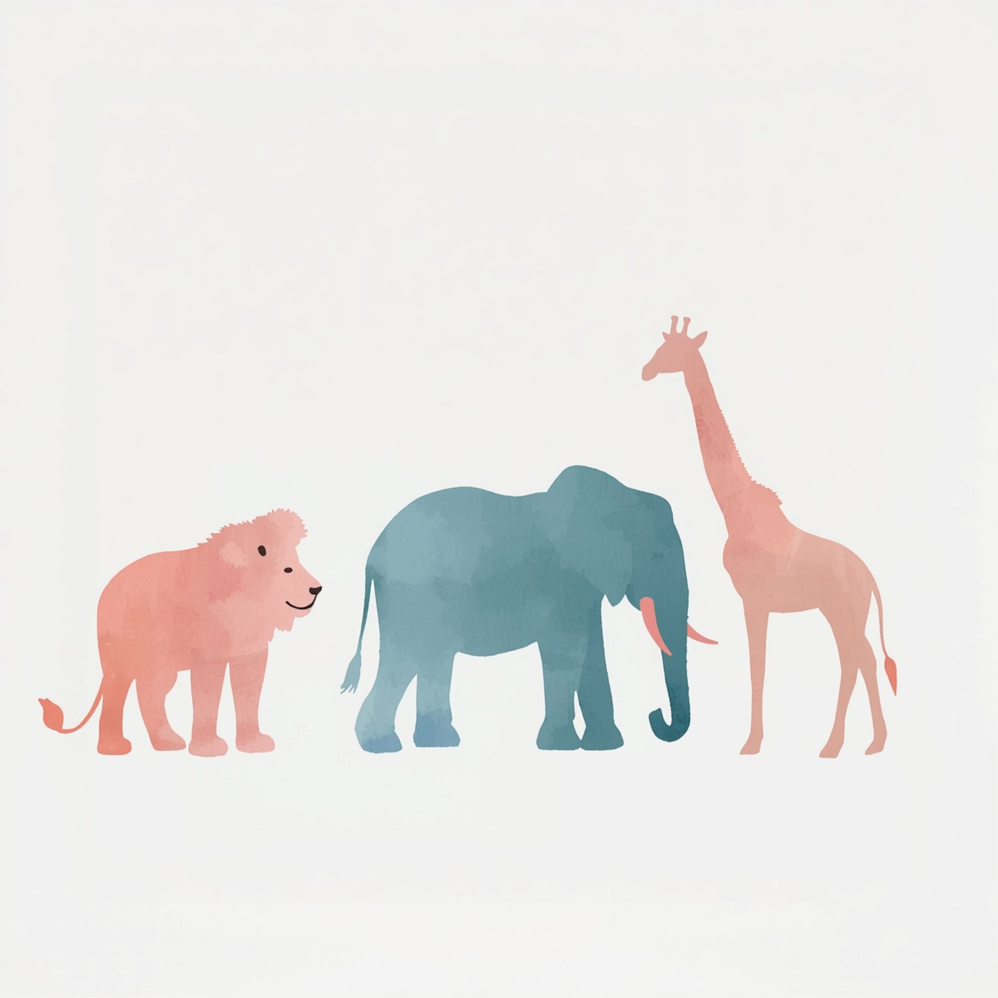 Safari trio canvas schilderij met roze leeuw, teal blauwe olifant en beige giraf silhouetten op lichte achtergrond — kinderkamer wanddecoratie
