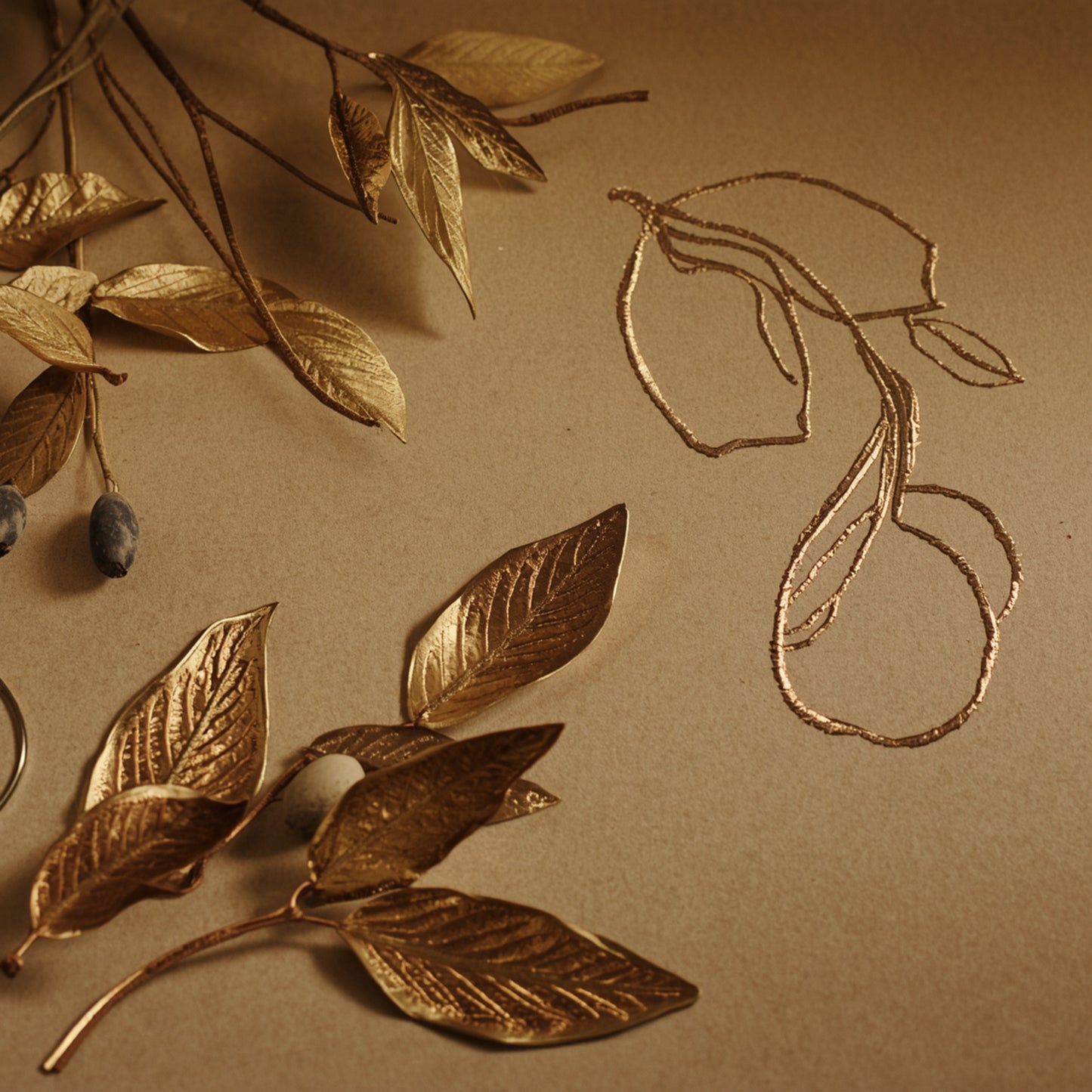 Luxe gouden citrus reliëf canvas schilderij met sinaasappels en botanische bladeren in gouden tinten op warme bruingouden achtergrond — keuken wanddecoratie
