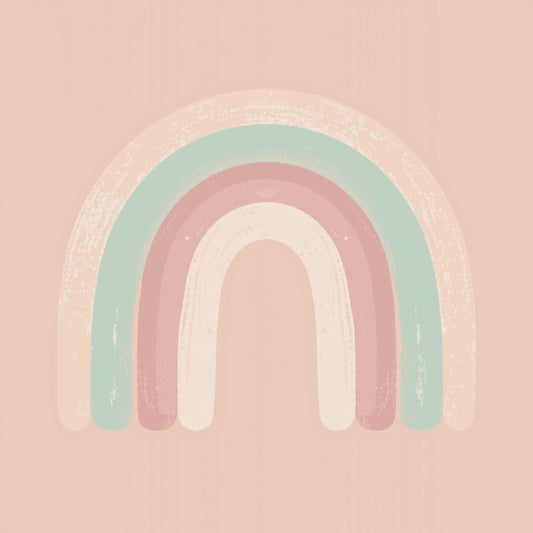 Minimalistische regenboog canvas schilderij met roze en mint groene bogen op zachte perzikroze achtergrond — kinderkamer wanddecoratie
