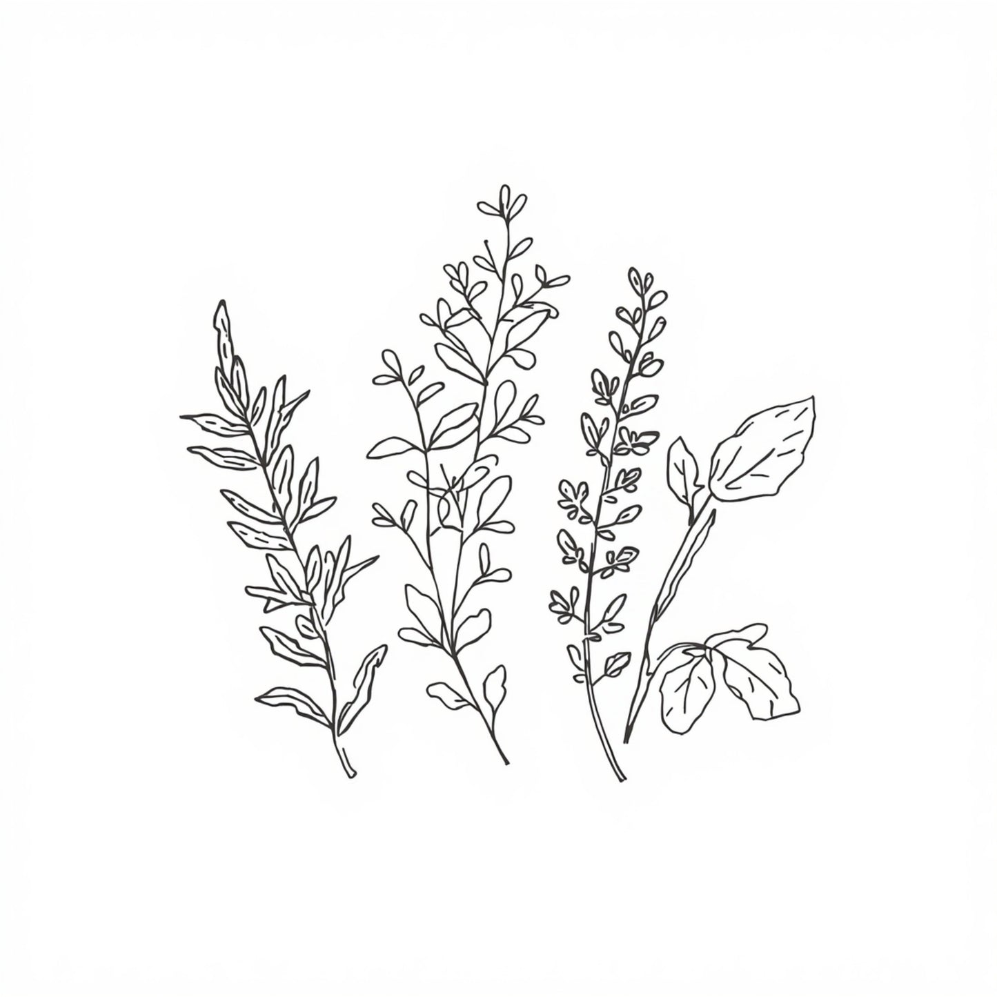 Botanische kruiden lijn tekening canvas schilderij met tijm, rozemarijn en salie in fijne grijze lijnen op witte achtergrond — keuken wanddecoratie
