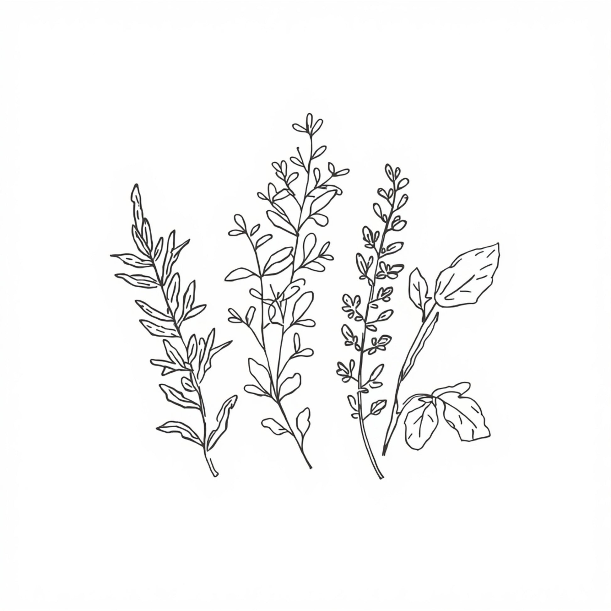 Botanische kruiden lijn tekening canvas schilderij met tijm, rozemarijn en salie in fijne grijze lijnen op witte achtergrond — keuken wanddecoratie
