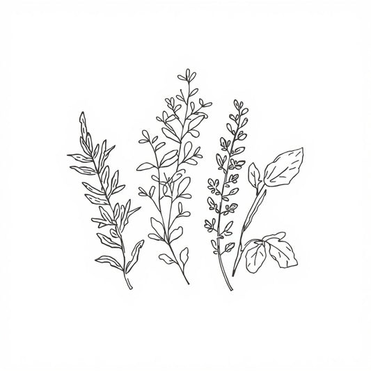 Botanische kruiden lijn tekening canvas schilderij met tijm, rozemarijn en salie in fijne grijze lijnen op witte achtergrond — keuken wanddecoratie
