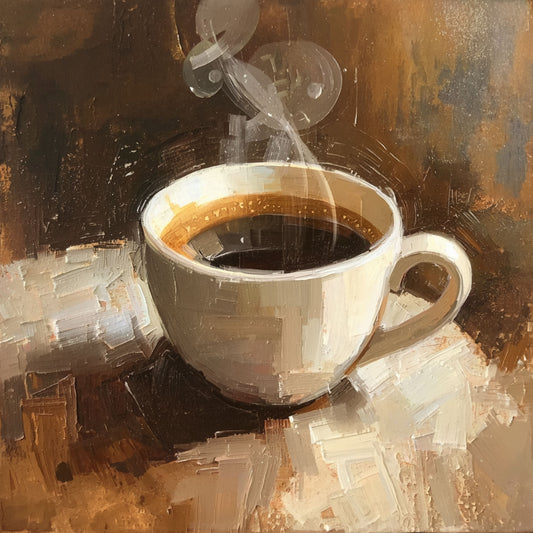Impressionistisch dampende koffie canvas schilderij met wit koffiekopje en opstijgende stoom in warme bruine en gouden tinten — keuken wanddecoratie
