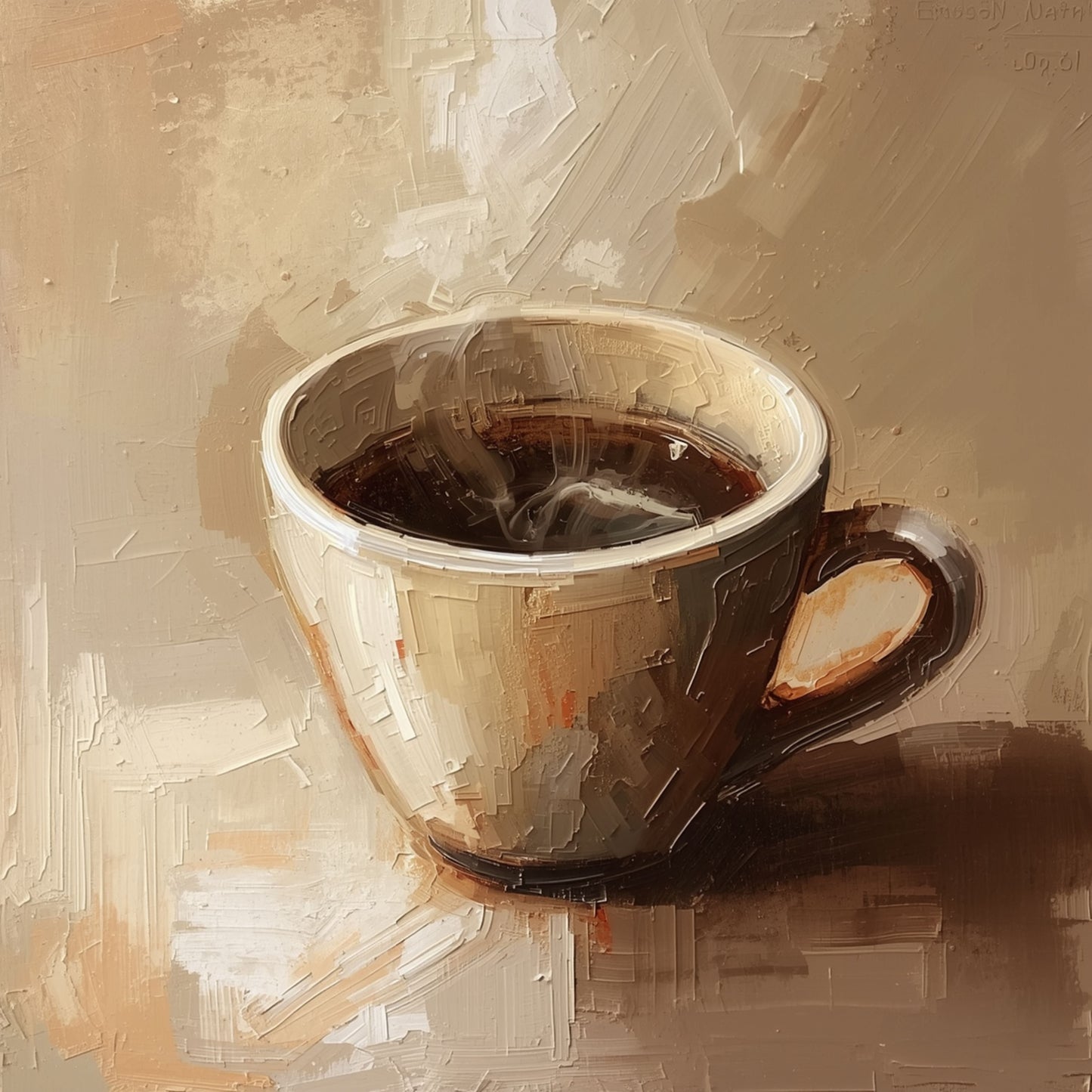 Impressionistisch koffiekopje canvas schilderij met dampende koffie in warme bruine en beige tinten op zachte achtergrond — keuken wanddecoratie
