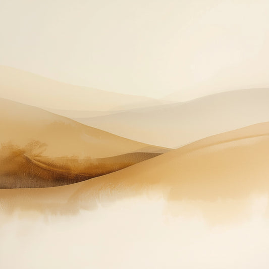 Abstract schilderij met vloeiende zachte beige en warme bruine duingolven die als een sereen en minimalistisch woestijnlandschap over het crème fond bewegen – warm sereen wall art print voor de logeerkamer

