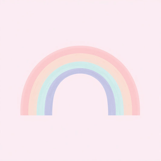 Pastel regenboog canvas schilderij met zachte roze, mint groene en blauwe bogen op lichtroze achtergrond — kinderkamer wanddecoratie
