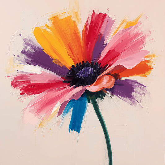 Expressief kleurrijke bloem canvas schilderij met roze, oranje, geel, paars en blauw op witte achtergrond — keuken wanddecoratie
