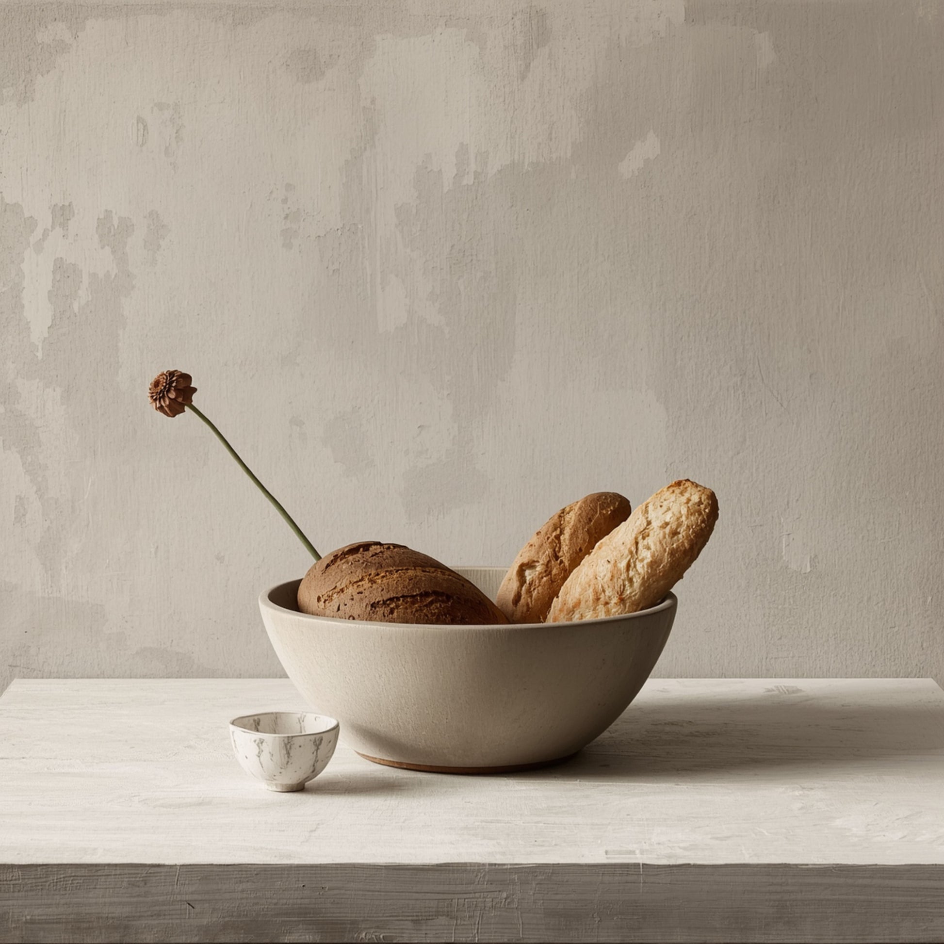 Rustiek brood en kom stilleven canvas schilderij met stokbrood, kleine kom en lepel op witte marmeren ondergrond in warme beige tinten — keuken wanddecoratie
