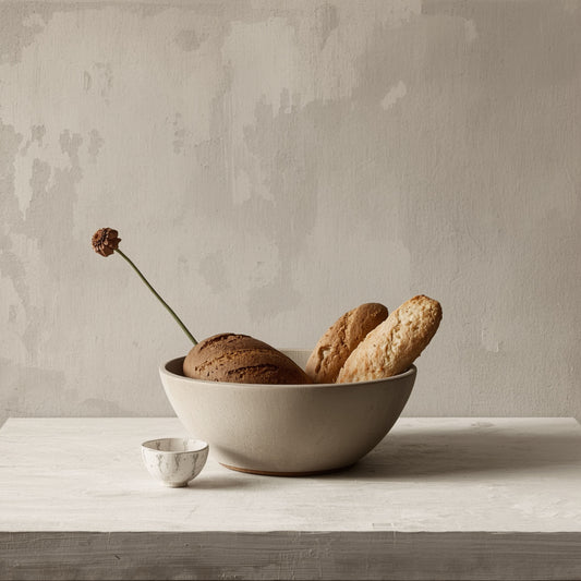 Rustiek brood en kom stilleven canvas schilderij met stokbrood, kleine kom en lepel op witte marmeren ondergrond in warme beige tinten — keuken wanddecoratie
