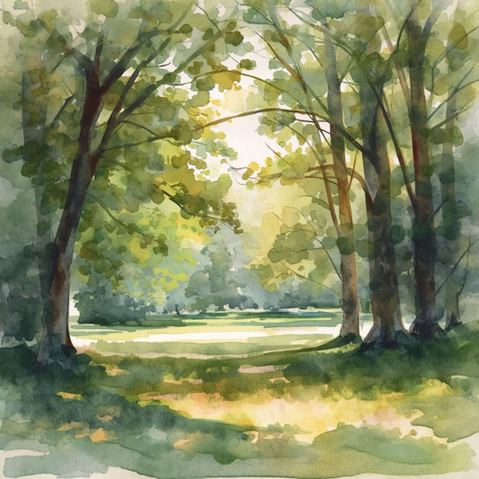 Zwolle bospad canvas schilderij met zonnig gouden licht door weelderige groene bomen en groen gras in aquarel stijl — woonkamer wanddecoratie
