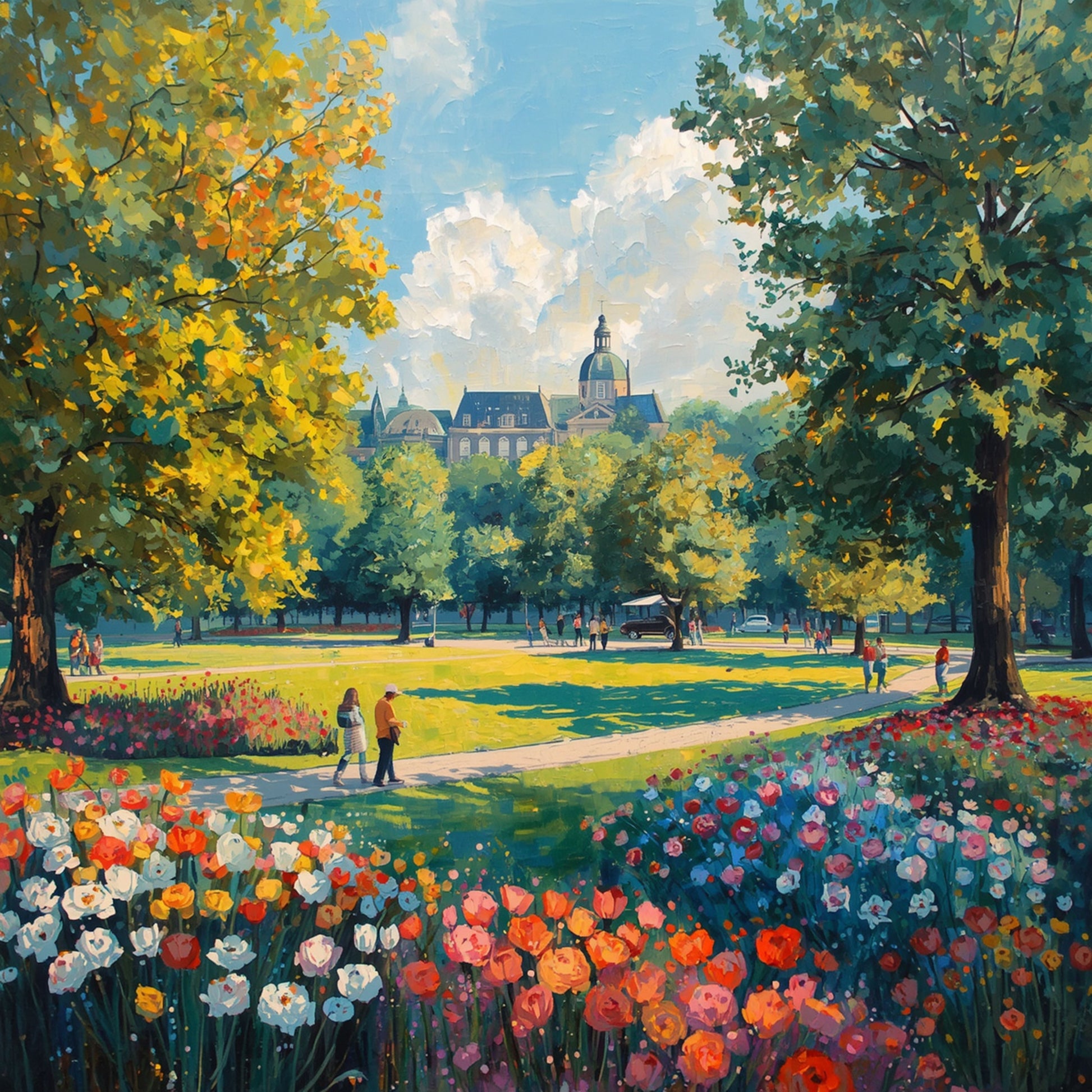 Zwolle stadspark canvas schilderij met kleurrijke rode en roze bloemen weelderige groene bomen en kerktoren op zonnige dag — woonkamer wanddecoratie
