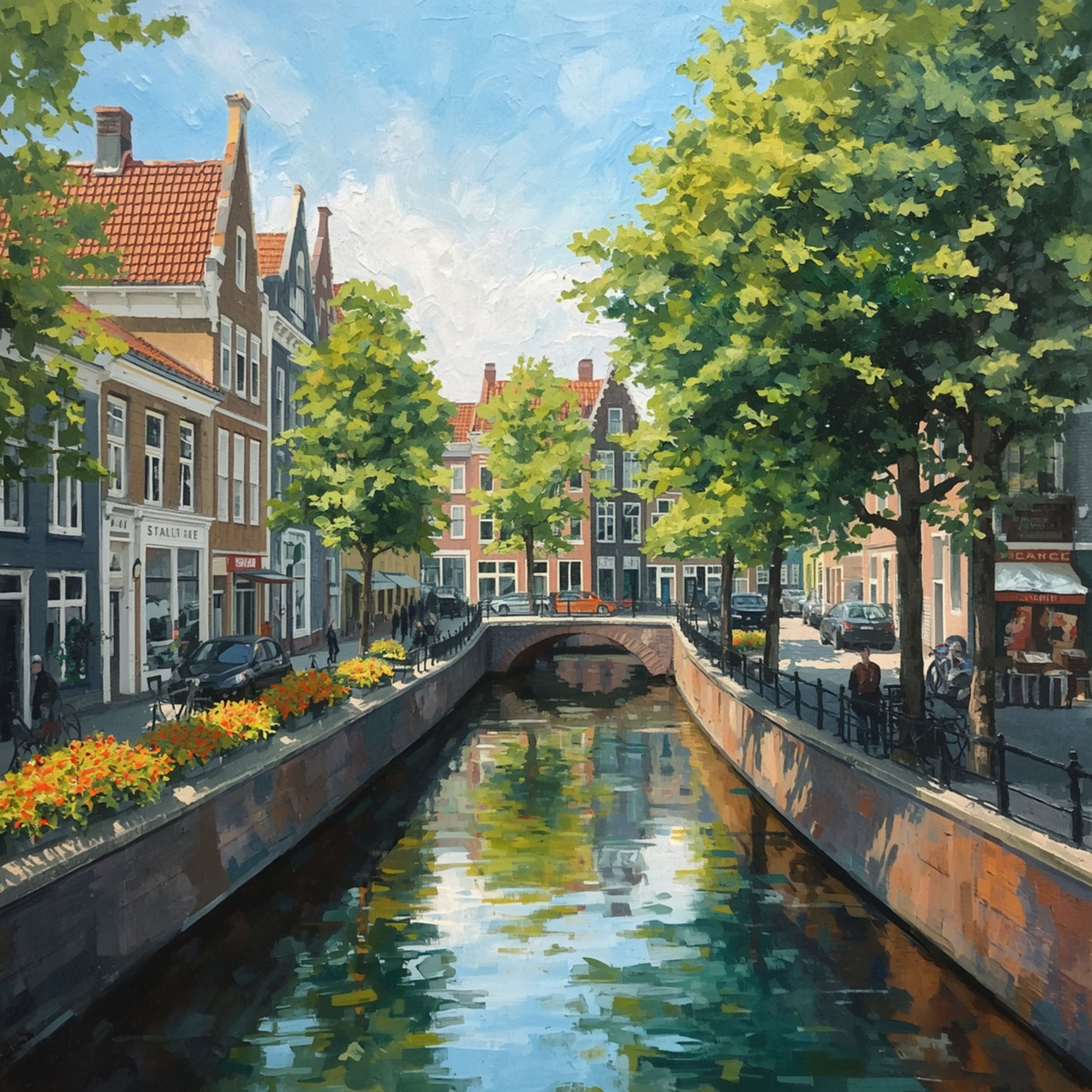 Zwolle historische gracht canvas schilderij met kleurrijke gevels groene bomen en weerspiegeling in helder water op zonnige dag — woonkamer wanddecoratie
