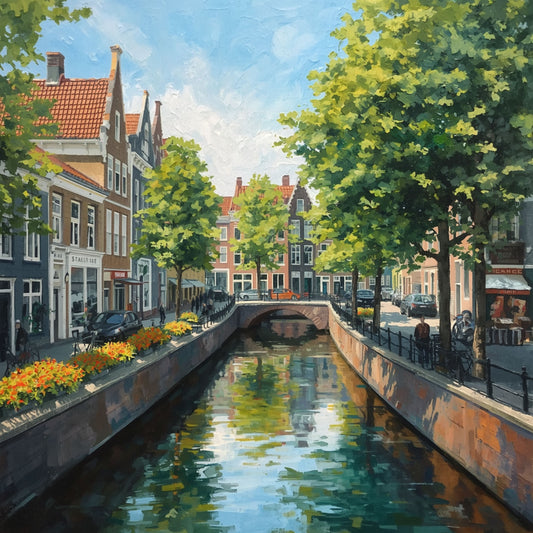 Zwolle historische gracht canvas schilderij met kleurrijke gevels groene bomen en weerspiegeling in helder water op zonnige dag — woonkamer wanddecoratie
