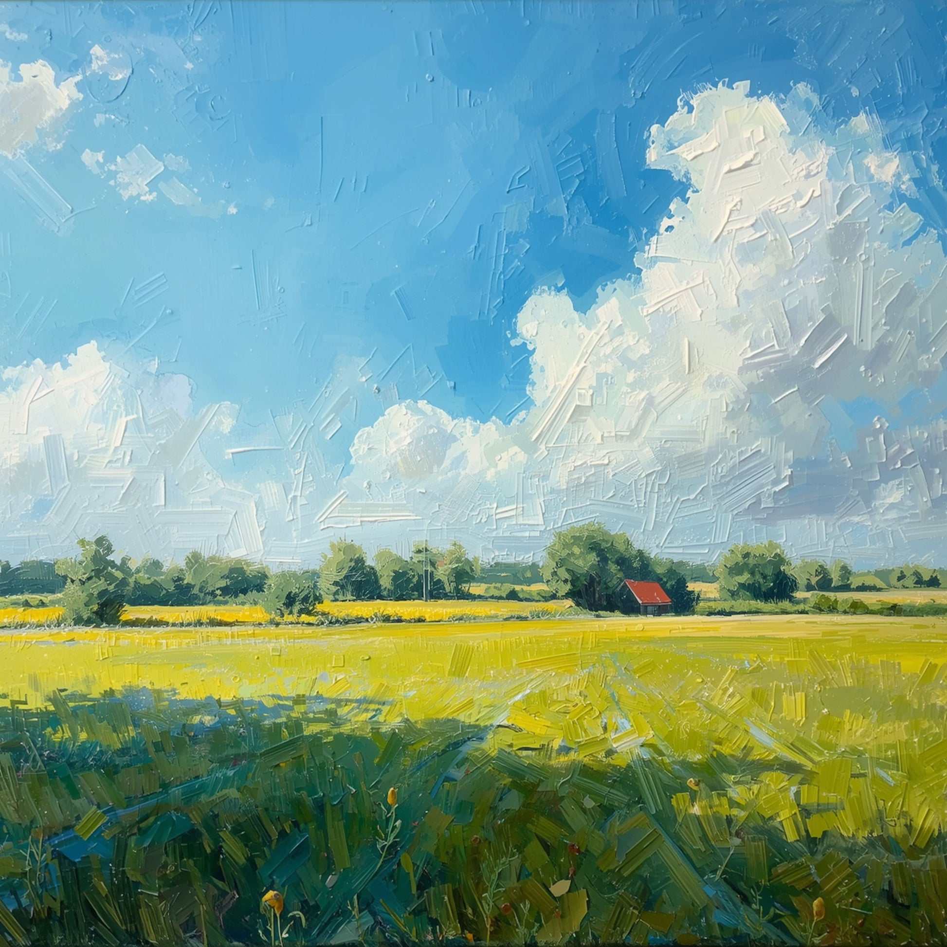 Zwolle polderlandschap canvas schilderij met gele bloeiende velden groene weilanden en dramatische wolkenlucht in klassieke olieverf stijl — woonkamer wanddecoratie
