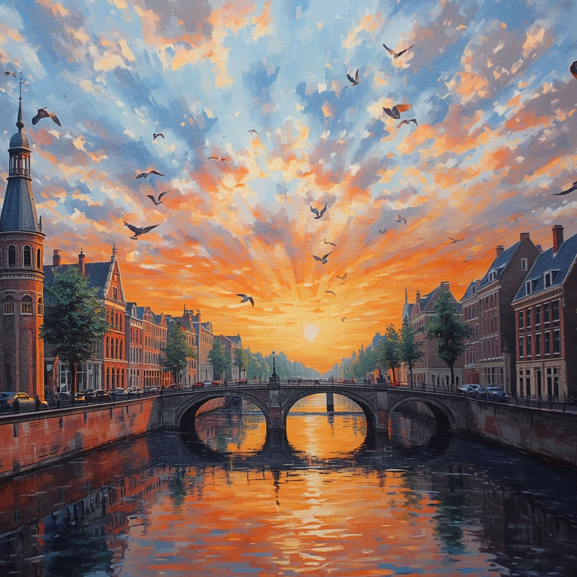 Klassiek gracht zonsondergang schilderij met dramatische explosieve vurige oranje en gouden wolkenlucht, vogels in vlucht, historische stenen boogbrug en warme gouden reflecties in het water – cinematisch olieverf wall art print
