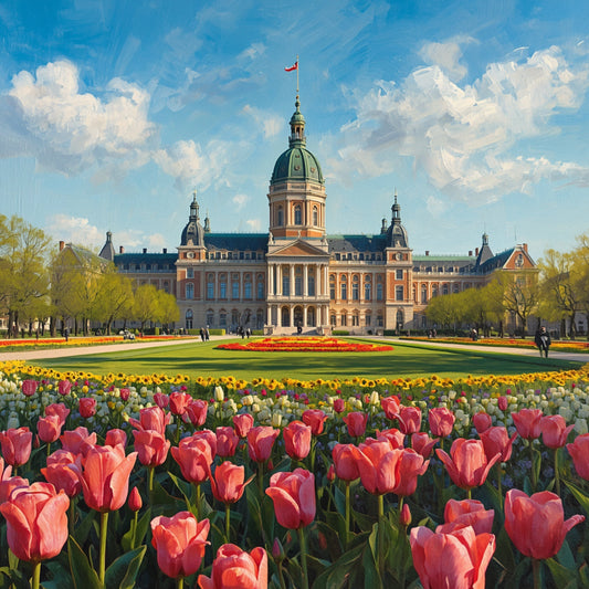 Apeldoorn paleis schilderij met imposant klassiek barok paleis met koepel en torens, weids formeel tulpenveld in roze en geel op voorgrond en stralend blauwe zomerlucht met sierlijke witte wolken – realistisch wall art print
