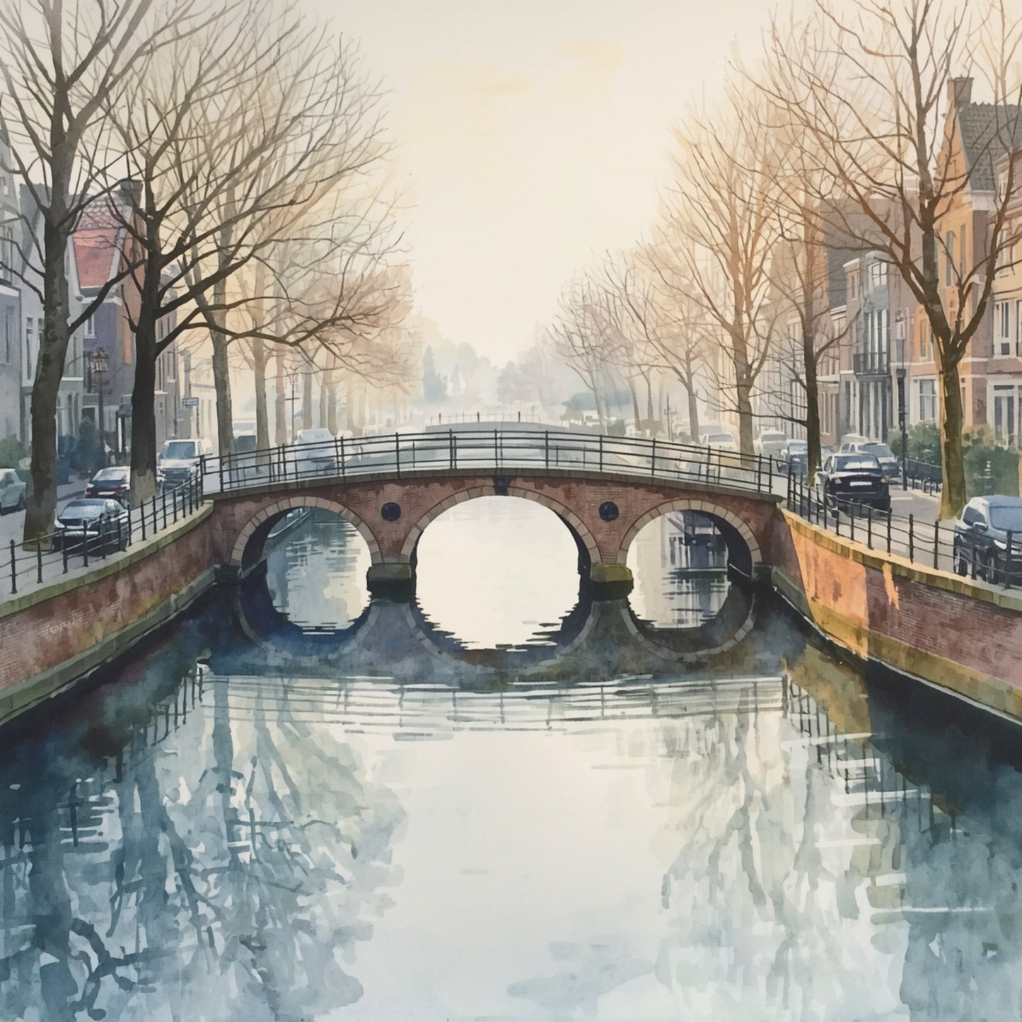 Klassiek gracht brug schilderij met historische stenen boogbrug over rustige winterse gracht, kale bomen langs de oever, karakteristieke grachtpanden op de achtergrond en zachte grijsbeige winterreflecties in het stille water – aquarel wall art print
