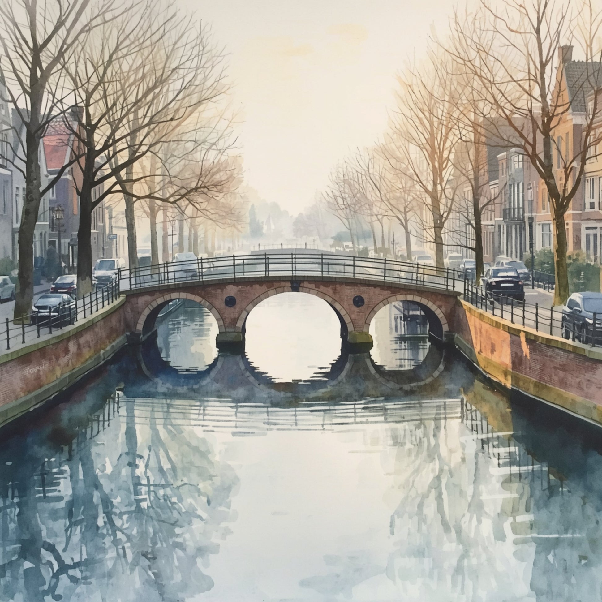 Klassiek gracht brug schilderij met historische stenen boogbrug over rustige winterse gracht, kale bomen langs de oever, karakteristieke grachtpanden op de achtergrond en zachte grijsbeige winterreflecties in het stille water – aquarel wall art print
