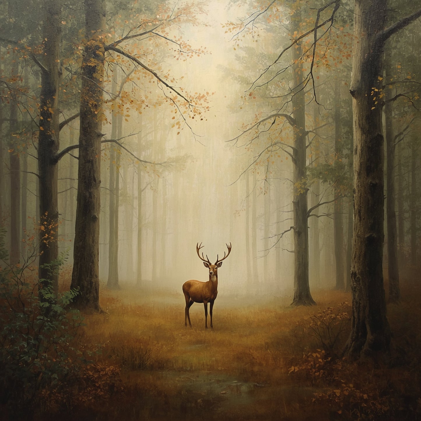 Herfstbos hert schilderij met eenzaam hert staand op breed bospad omringd door hoge slanke bomen in warme gouden en bruine herfstkleuren en dramatisch warm gouden mistlicht dat door de boomtoppen filtert – cinematisch olieverf wall art print
