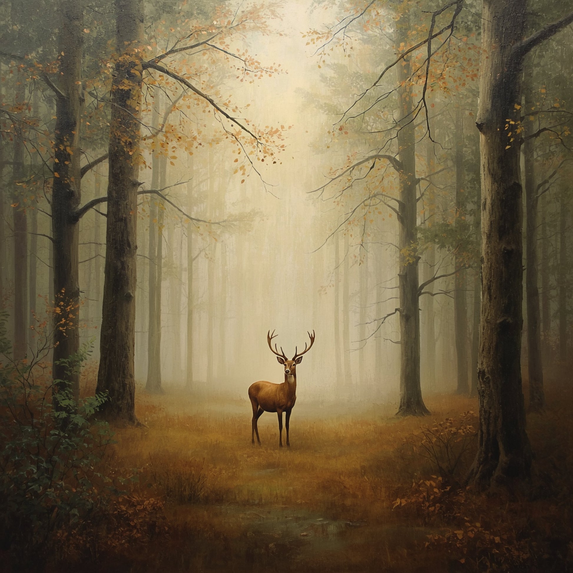 Herfstbos hert schilderij met eenzaam hert staand op breed bospad omringd door hoge slanke bomen in warme gouden en bruine herfstkleuren en dramatisch warm gouden mistlicht dat door de boomtoppen filtert – cinematisch olieverf wall art print
