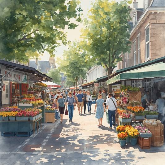 Apeldoorn marktstraat schilderij met drukke zomerse straat vol bloemen- en groentemarktkramen, wandelaars in warm zomerlicht, weelderige groene bomen en historische panden – aquarel wall art print

