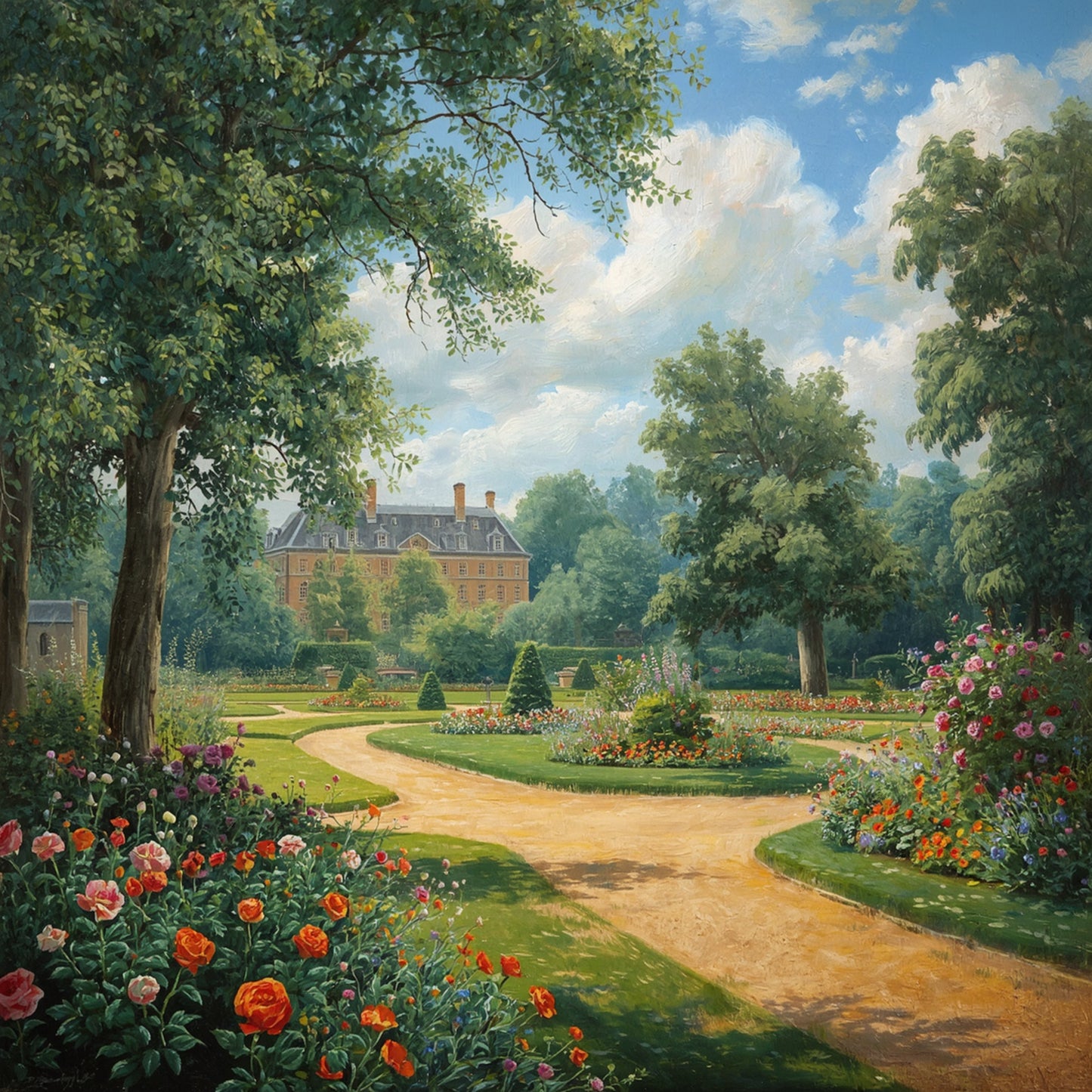 Klassiek landgoed tuin schilderij met kronkelend tuinpad, weelderige rozenstruiken in roze en rood, imposante bomen, verzorgde hagen en statig herenhuis onder blauwe wolkenlucht – impressionistisch olieverf wall art print
