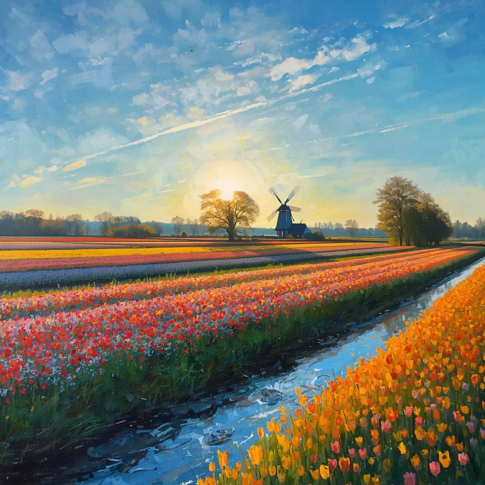 Klassiek tulpenveld zonsopgang schilderij met weids Hollands tulpenveld in rode roze en oranje tinten, sierlijke windmolen, watersloot en stralende gouden zonsopgang boven de horizon – impressionistisch wall art print

