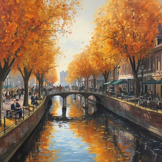 Klassiek herfstgracht schilderij met lange waterweg geflankeerd door vuurrode en gouden herfstbomen, historische stenen brug, terrasjes langs de oever en warme gouden reflecties – impressionistisch wall art print
