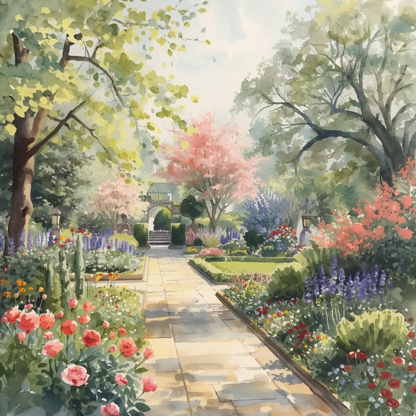 Klassiek Engelse tuin schilderij met schilderachtig tuinpad omzoomd door weelderige bloeiende borders in roze rood en paars, imposante bomen met lentebloesem en sierlijk tuinpoortje – aquarel wall art print
