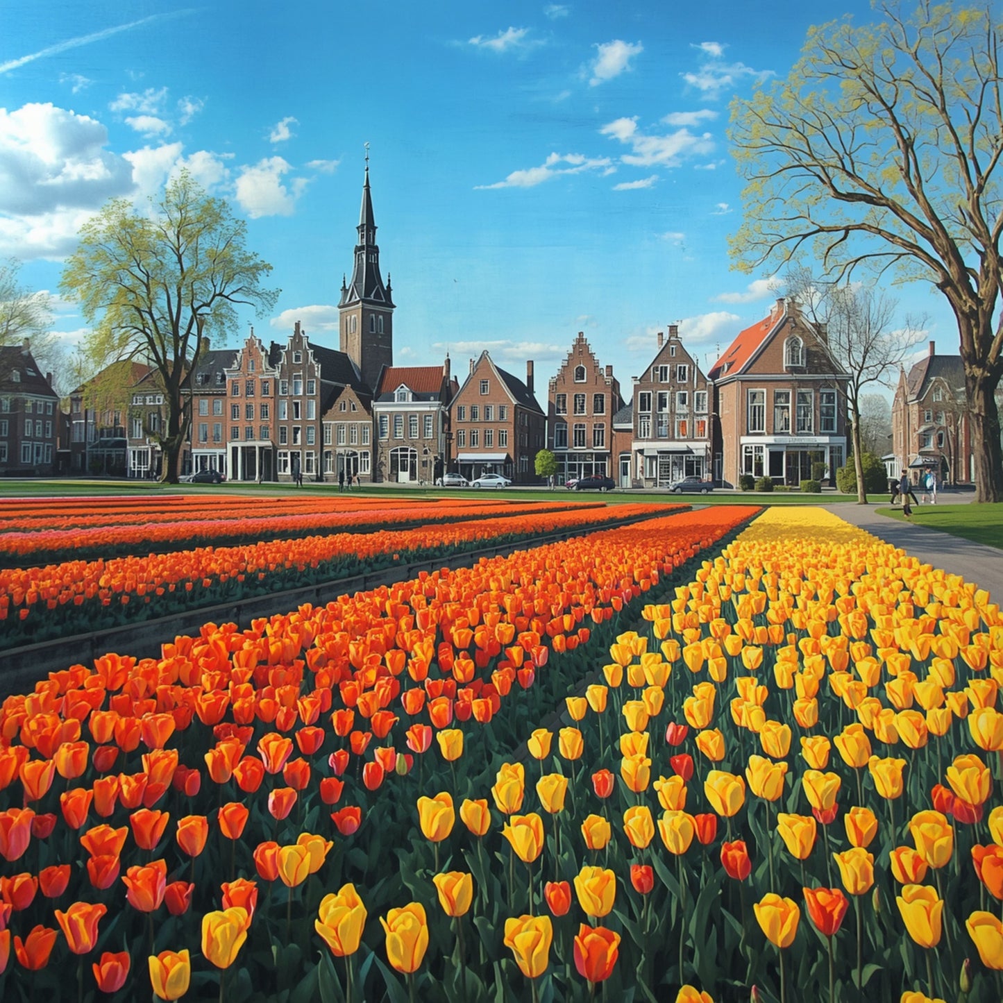 Klassiek tulpenveld schilderij met explosief oranje en geel bloeiend tulpenveld, historische Nederlandse panden met kerktoren en strakblauwe lucht met witte wolken – realistisch wall art print
