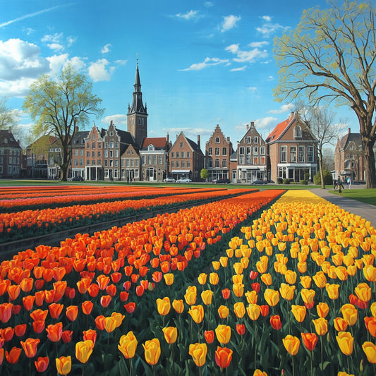 Klassiek tulpenveld schilderij met explosief oranje en geel bloeiend tulpenveld, historische Nederlandse panden met kerktoren en strakblauwe lucht met witte wolken – realistisch wall art print
