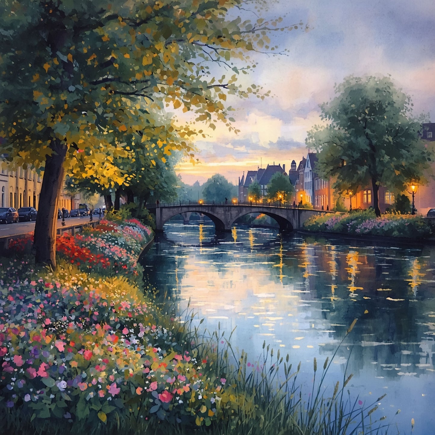 Klassiek gracht avond schilderij met schilderachtige waterweg, kleurrijke roze en paarse bloemen langs oever, historische stenen brug en warme gouden reflecties onder pastelkleurige avondlucht – impressionistisch wall art print
