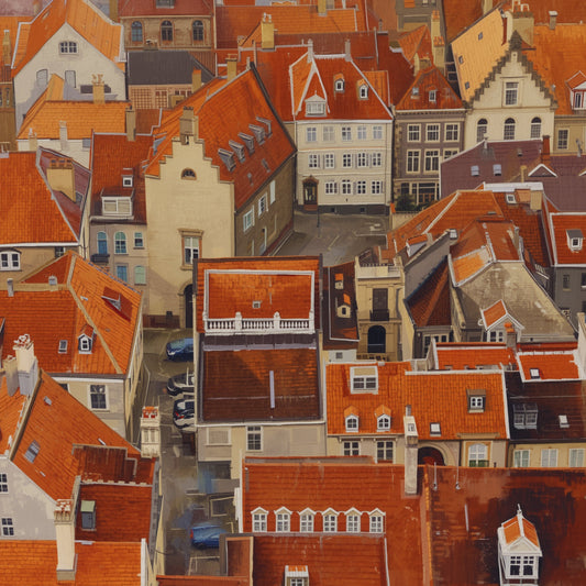 Apeldoorn daken schilderij vanuit vogelvlucht met weids panorama over karakteristieke rode pannendaken, historische gevelpanden en smalle straatjes van de Apeldoornse binnenstad – cinematisch wall art print
