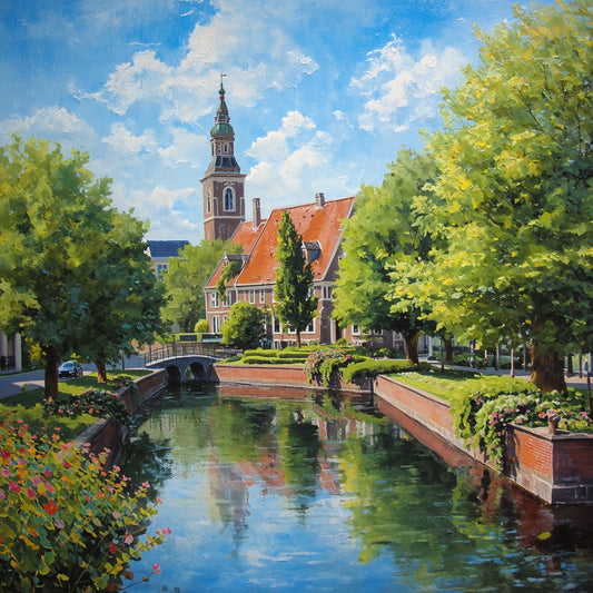 Apeldoorn gracht schilderij met brede waterweg weerspiegeld in stil water, weelderige groene bomen langs oever, imposante kerktoren en historische rode bakstenen panden onder stralend blauwe zomerlucht – impressionistisch wall art print
