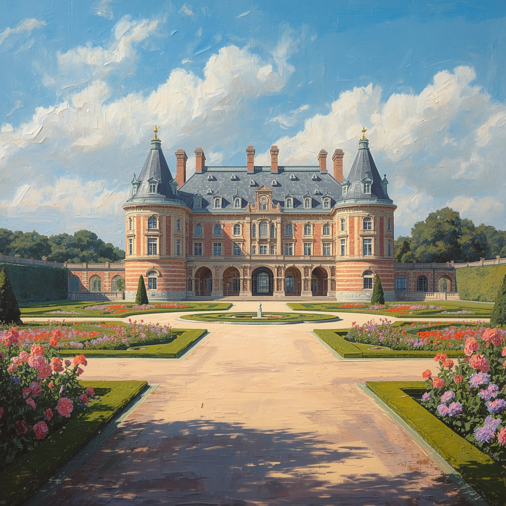 Klassiek kasteel tuin schilderij met imposant Frans barok kasteel met torens en schoorstenen, symmetrische formele tuin met hagen en roze bloemborders, breed grindpad en dramatische blauwe wolkenlucht – cinematisch olieverf wall art print
