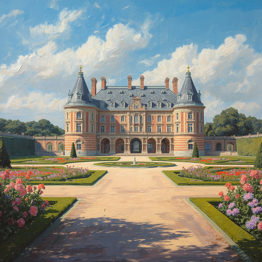 Klassiek kasteel tuin schilderij met imposant Frans barok kasteel met torens en schoorstenen, symmetrische formele tuin met hagen en roze bloemborders, breed grindpad en dramatische blauwe wolkenlucht – cinematisch olieverf wall art print

