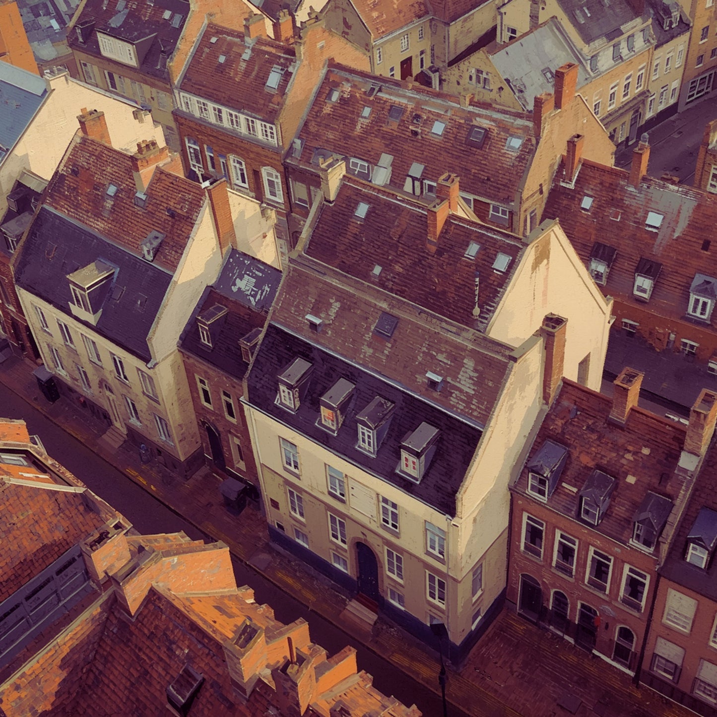 Apeldoorn vogelvlucht daken schilderij met weids close-up panorama over donkere leien en terracotta pannendaken, imposante historische gevelpanden met mansardedaken en smalle binnenplaatsen – realistisch wall art print
