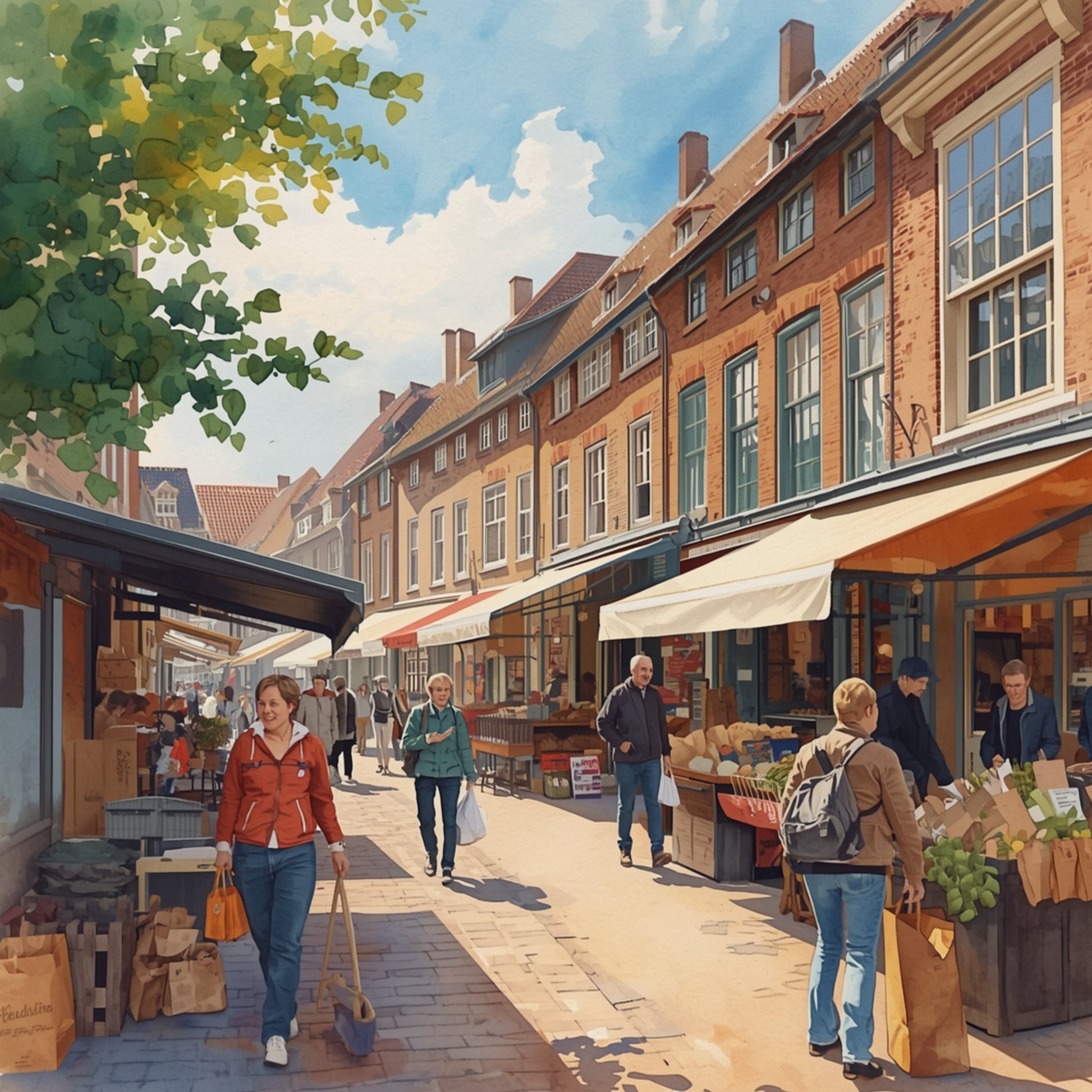 Apeldoorn winkelstraat schilderij met drukke zomerse straat vol marktkramen en wandelaars, weelderige groene bomen en karakteristieke rode bakstenen winkelpanden met luifels in warm zomerlicht – aquarel wall art print
