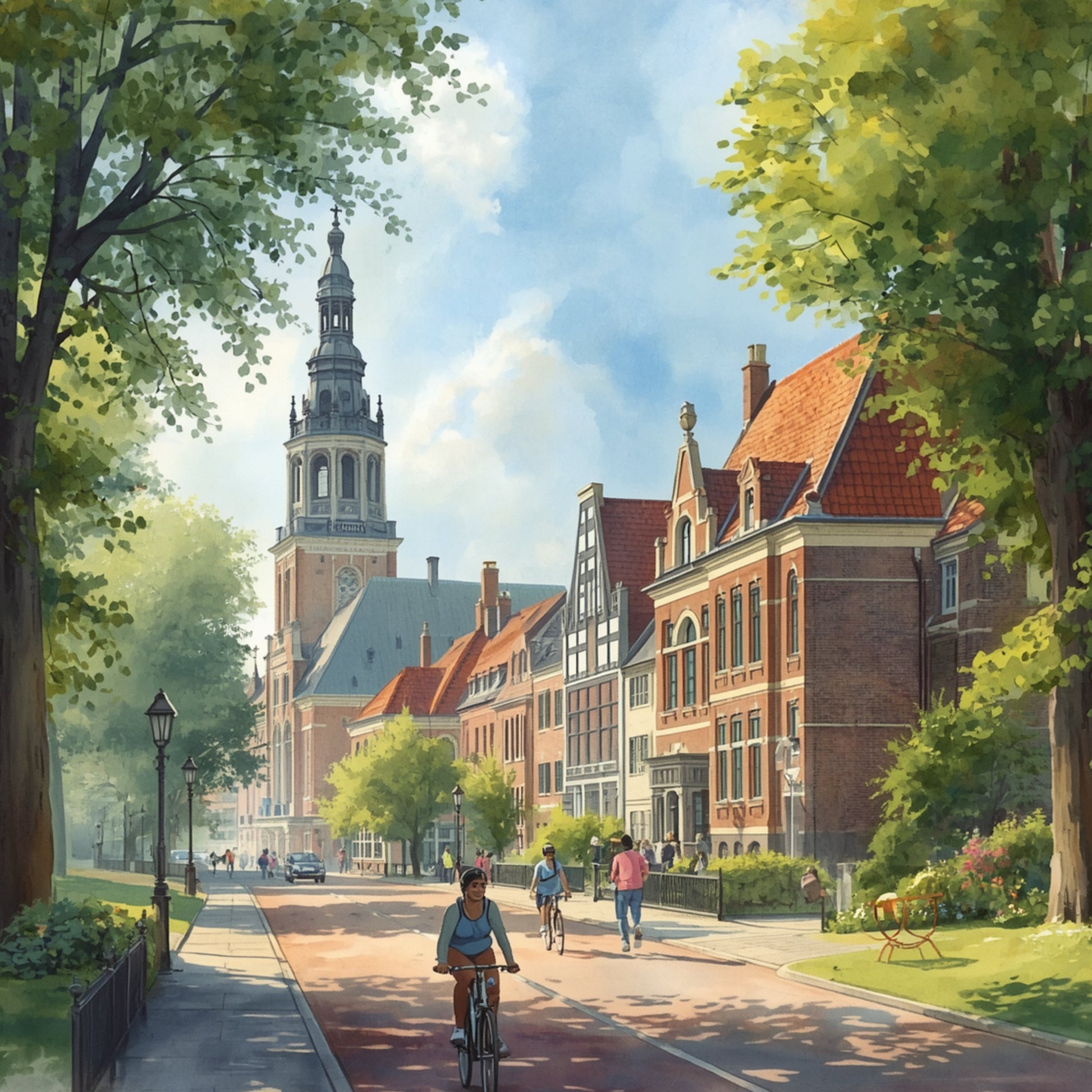 Apeldoorn straatlaan schilderij met fietser en wandelaars op zonnige laan langs karakteristieke rode bakstenen panden, weelderige groene bomen en historische kerktoren op de achtergrond – aquarel wall art print
