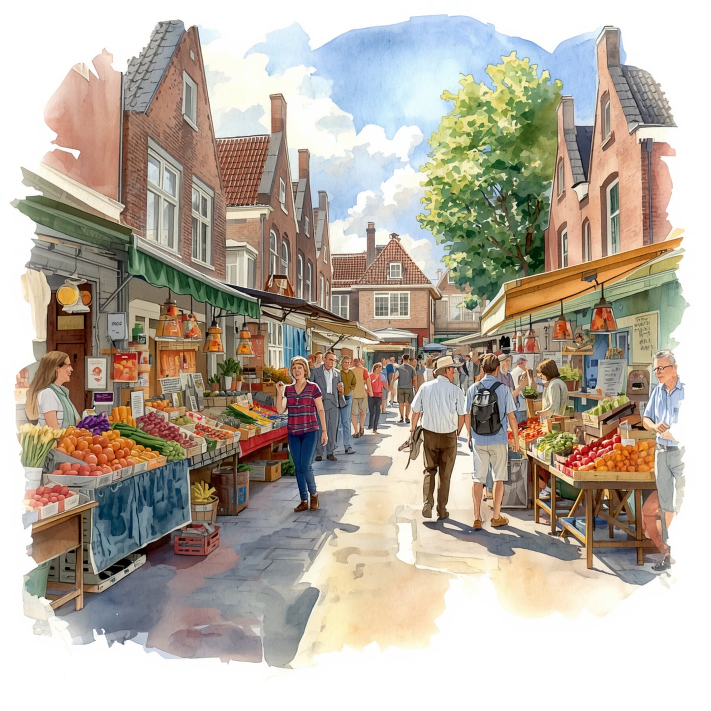 Markt winkelstraat schilderij met drukke zomerse straat vol kleurrijke marktkramen met groenten en fruit, wandelaars in warm zomerlicht en karakteristieke rode bakstenen winkelpanden met luifels – aquarel wall art print
