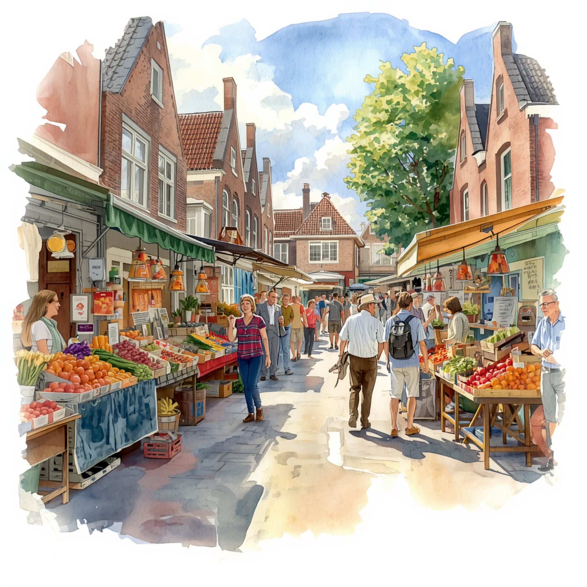 Markt winkelstraat schilderij met drukke zomerse straat vol kleurrijke marktkramen met groenten en fruit, wandelaars in warm zomerlicht en karakteristieke rode bakstenen winkelpanden met luifels – aquarel wall art print
