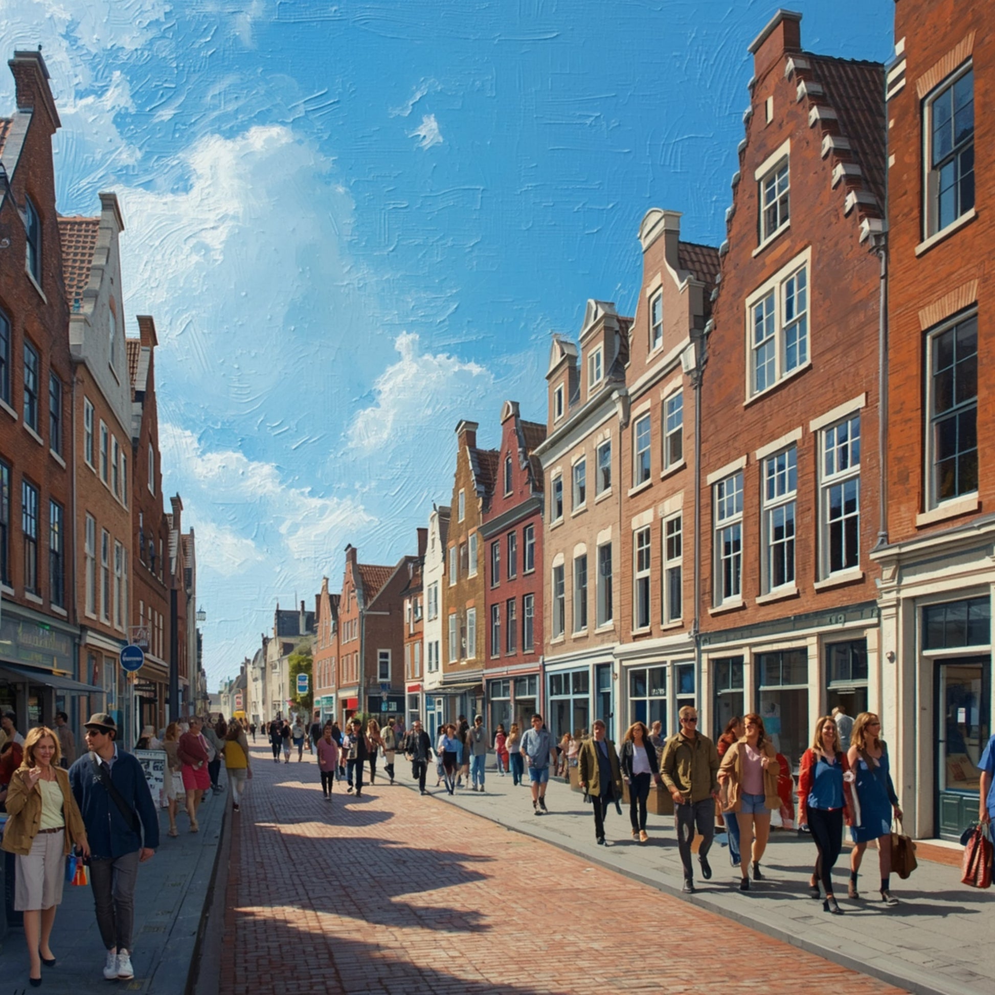 Apeldoorn binnenstad schilderij met drukke zomerse winkelstraat vol wandelaars, imposante karakteristieke rode bakstenen trapgevelpanden en breed voetgangersgebied onder stralend blauwe zomerlucht – realistisch wall art print

