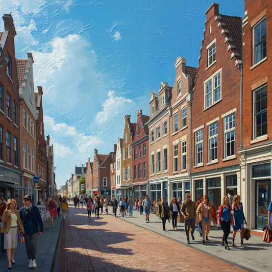 Apeldoorn binnenstad schilderij met drukke zomerse winkelstraat vol wandelaars, imposante karakteristieke rode bakstenen trapgevelpanden en breed voetgangersgebied onder stralend blauwe zomerlucht – realistisch wall art print
