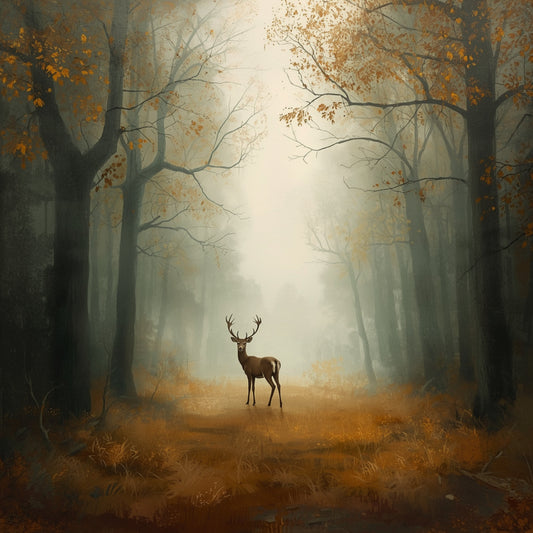 Herfstbos hert schilderij met eenzaam hert staand in mistig herfstbos met brede knoestige bomen, warme bruine en gouden gevallen bladeren op bosgrond en dramatisch bleek gouden mistlicht dat door de boomtoppen filtert – cinematisch olieverf wall art print
