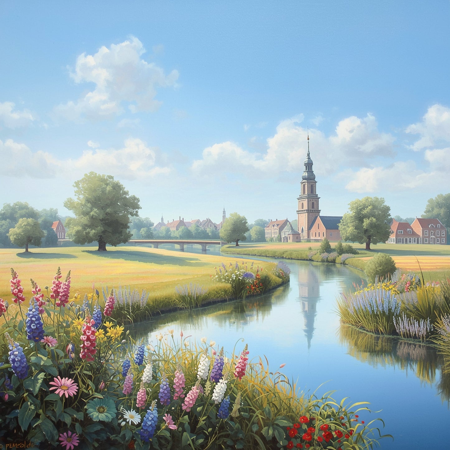 Apeldoorn polder schilderij met weids Hollands landschap, rustige watersloot met weerspiegeling, bloeiende lupines in paars en roze op voorgrond, groene weilanden en imposante kerktoren onder stralend blauwe zomerlucht – realistisch wall art print
